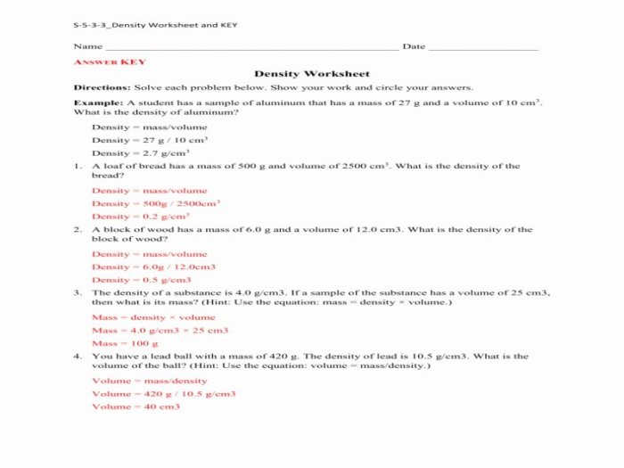 Density practice problems worksheet answers