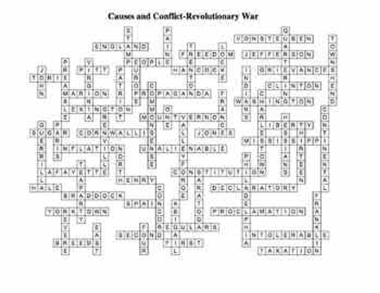 Revolutionary war crossword puzzle answer key