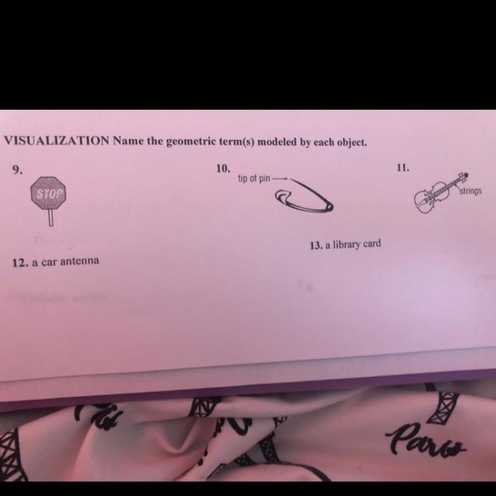 Name the geometric terms modeled by each object or phrase