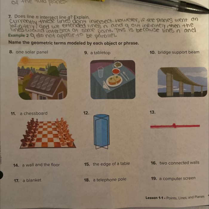 Name the geometric terms modeled by each object or phrase